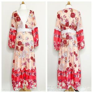 Becxin | Lace Trim Bubble Sleeve Maxi Dress NWT